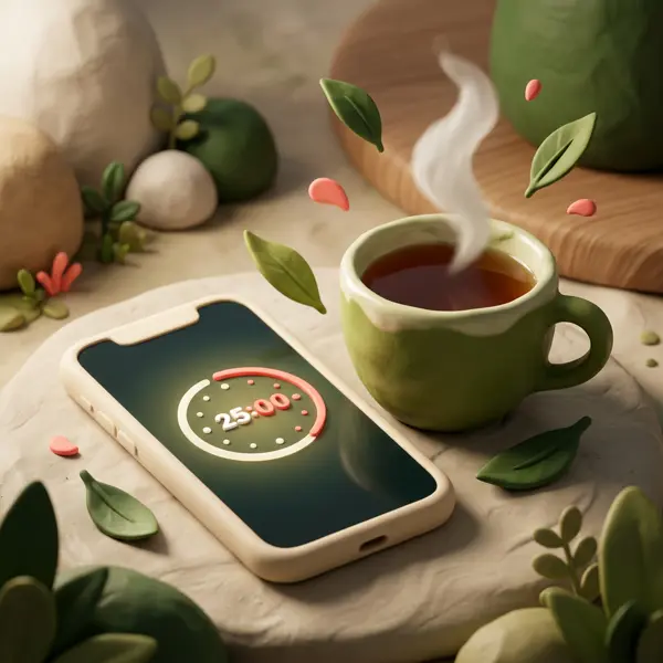 A smartphone showing a circular timer beside a steaming cup of tea