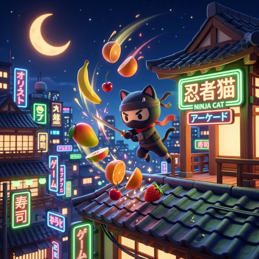 A tiny ninja cat on a neon-lit rooftop slicing falling fruit at night