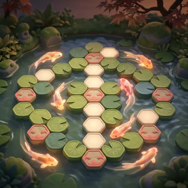 Glowing koi fish swimming between hexagonal lily pad tiles at dusk