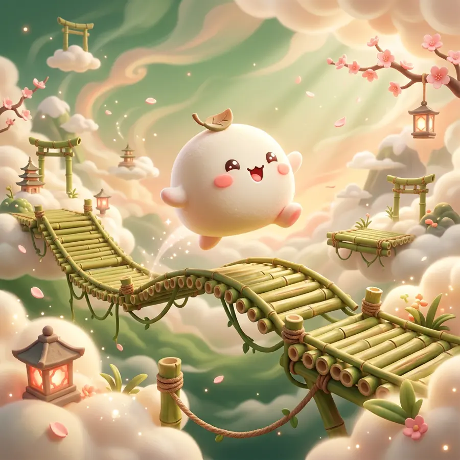 A round mochi character leaping between floating bamboo platforms