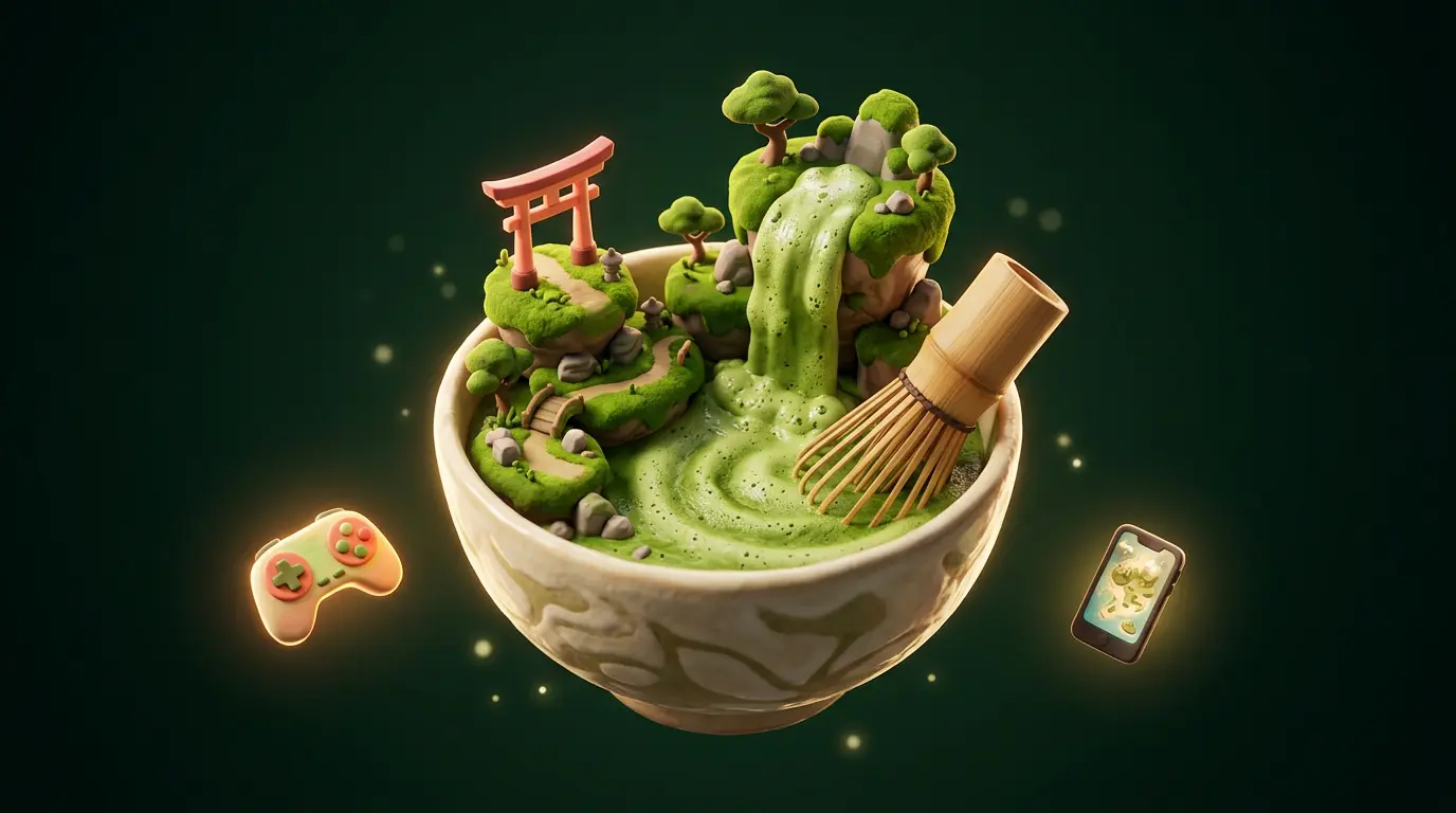A ceramic matcha bowl holding a tiny game world with islands, a torii gate and a matcha waterfall, with a game controller and phone floating nearby